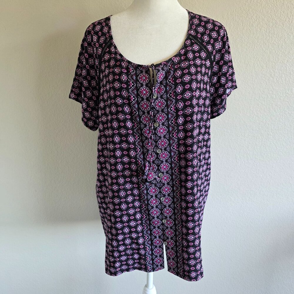 J. Jill Blouse Top Abstract Floral Boho Popover Tassel Lace Ladder Lightweight M
